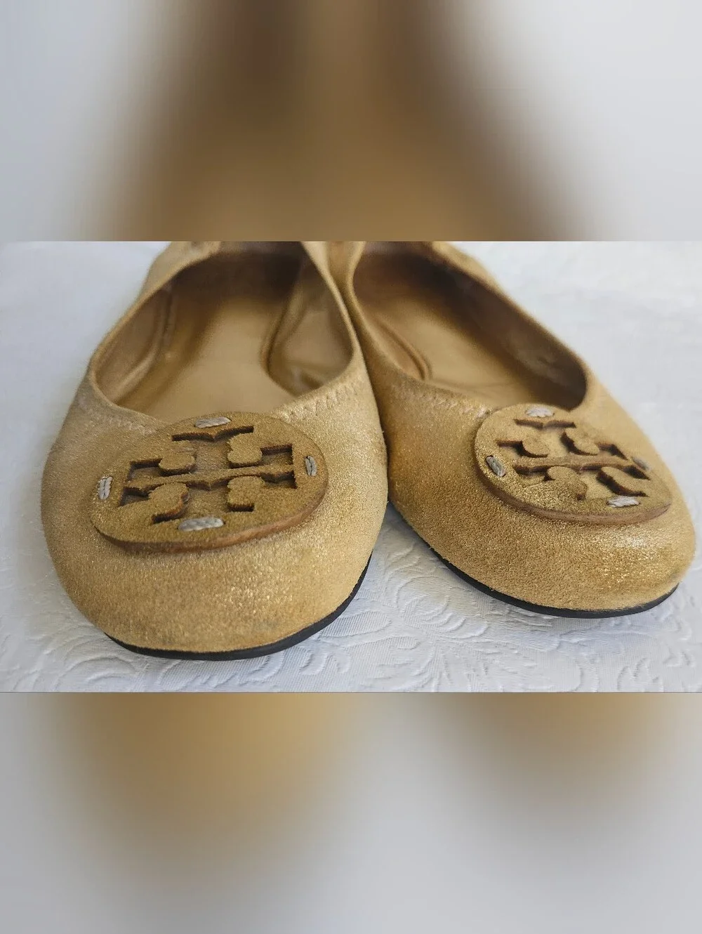 💜Tory Burch Reva Metallic Gold Leather Ballet Flats with Logo Size 9